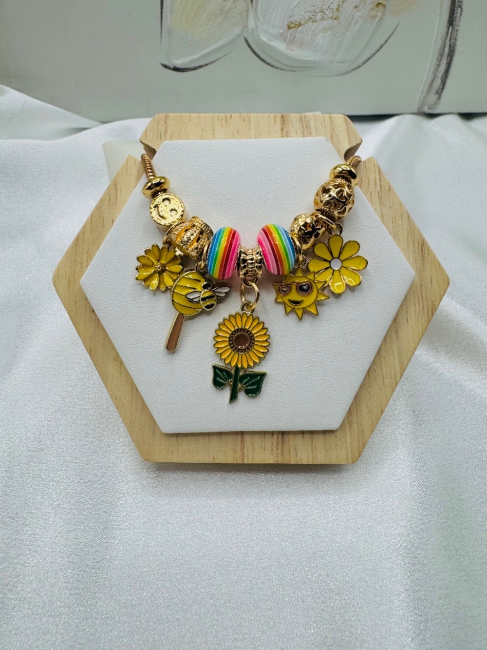Sunflower Bee & Rainbow Charm Bracelet Gold Tone